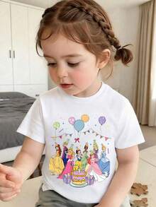Disney Princess Toddler Girl Birthday Squad T-Shirt, 6 Months - 3 Years Short Sleeve Tee, Soft Fabric Top With Cinderella, Belle, Aurora, Snow White, Ariel & All Princess Characters, Castle & Balloon Print For Kids Birthday Party, Express Delivery - trắng - Xem 2