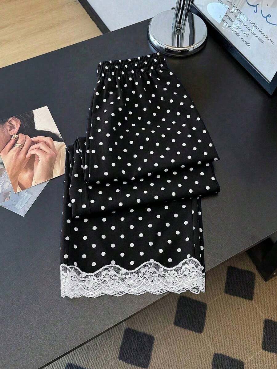 Pantalones rectos sueltos con cintura elástica, estampado de lunares y parches de encaje, adecuados para uso diario.Pantalones de lunares, pantalones con ribete de encaje, pantalones blanco y negro, pantalones de lunares blanco y negro para mujer - Negro - Ver 1