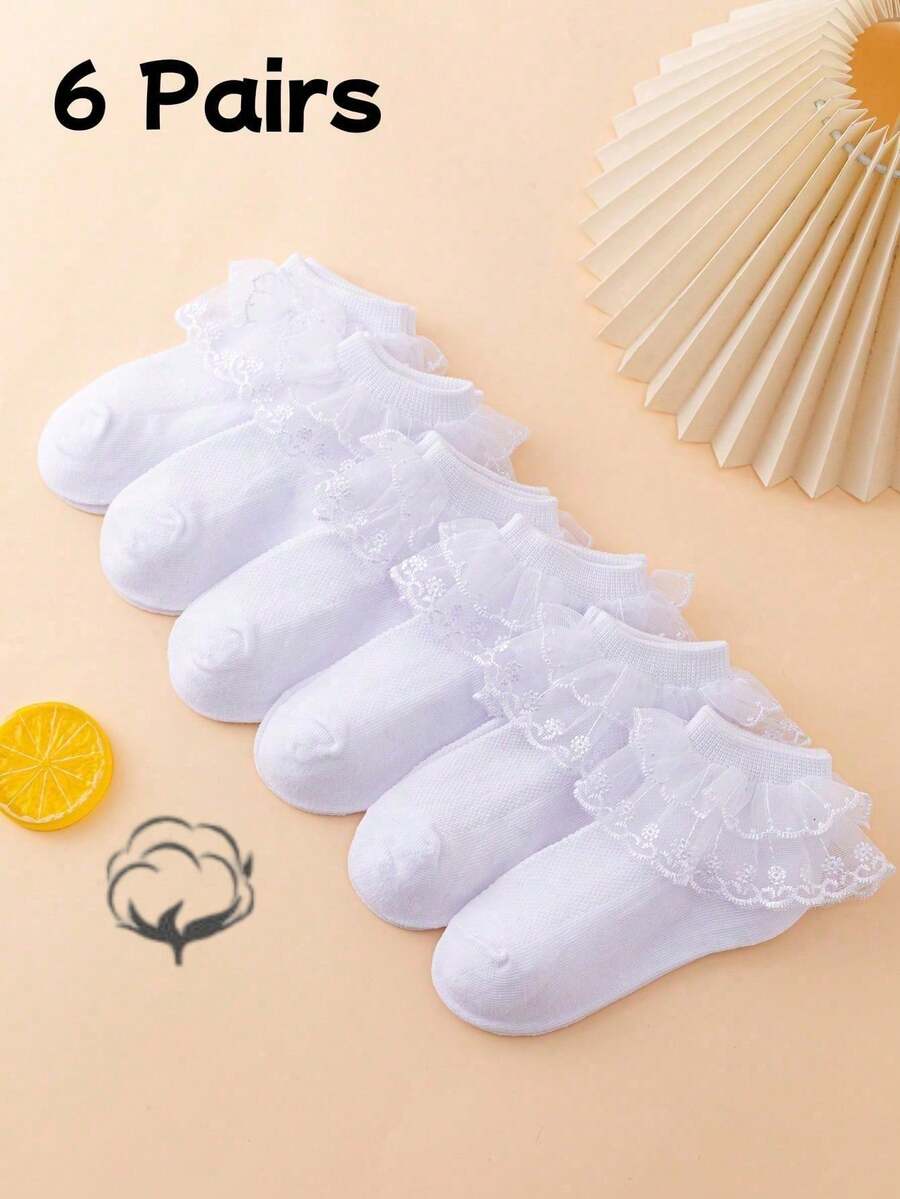 6 Pairs Cotton Thin Breathable Princess Lace Trim Short Socks For Girls, Spring/Summer - White - View 1