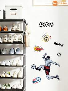 SUPSTICKER 1pc Multi-Color Football Player & Ball Pattern Sports Style Wall Sticker, Made Of PVC Material, Self-Adhesive And Removable, Waterproof, Suitable For Decoration On Surfaces Of Living Room, Dorm, Game Room, Gym, Furniture - 1PC - View 2