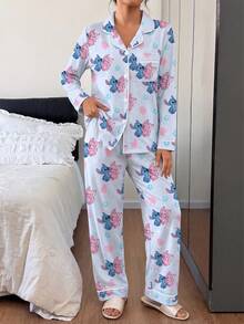 Disney 2件套迪士尼史迪奇系列卡通印花荷叶边休闲长袖上衣和裤子女式睡衣套装 - 淺藍色 - 查看 3