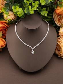 1 Set Luxury Elegant Cubic Zirconia Inlaid Rectangular Jewelry Set, Suitable For Women's Wedding Party Wear, Includes 1 Pair Earrings, 1 Necklace, 1 Bracelet, 1 Ring (Excluding Gift Box) - Silver - View 4