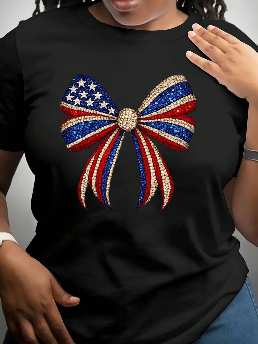Camiseta deportiva de manga corta con cuello redondo y estampado de la bandera americana y un lazo, para mujer. Ropa de verano para mujer, adecuada para: el hogar, reuniones, vacaciones, escuela, fiestas, etc. Imprescindible para otoño e invierno, perfecta para conjuntos de viaje. Idea de regalo. - Negro - Ver 1