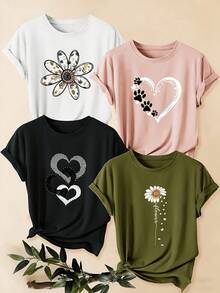 Una sola prenda de vestir no es un conjunto que consta de 3 artículos; un conjunto incluye 1 camiseta de manga corta para mujer con estampados florales vintage y en forma de corazón.|Cuello redondo informal, mangas cortas, tela elástica, opciones multicolor para verano, vacaciones y uso diario, ideal como regalo para Pascua y el Día de la Madre. - Blanco - Ver 6