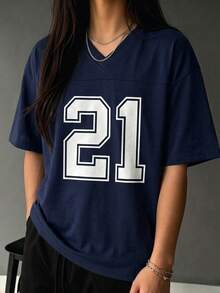 Camiseta de mujer de manga corta y cuello en V holgada, top de verano de longitud regular - Azul Marino - Ver 2