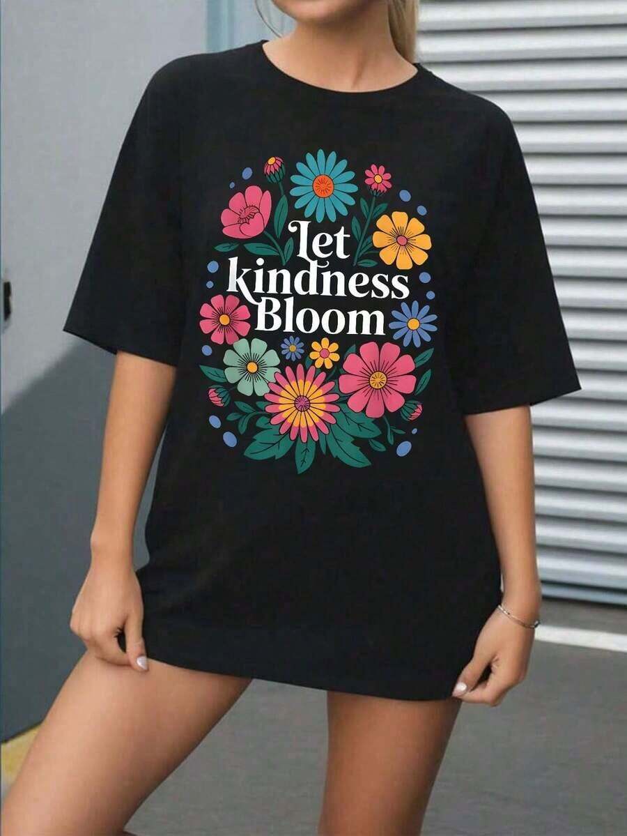Camiseta con Estampado Floral Vibrante para Mujer, Estilo Casual, Manga Corta, Cuello Redondo, Mensaje Positivo, Estampado de Flores Boho de Verano, Suave, Transpirable, Corte Holgado, Ideal para Uso Diario y Vacaciones, Blusas Bonito 100% Algodón - Negro - Ver 1