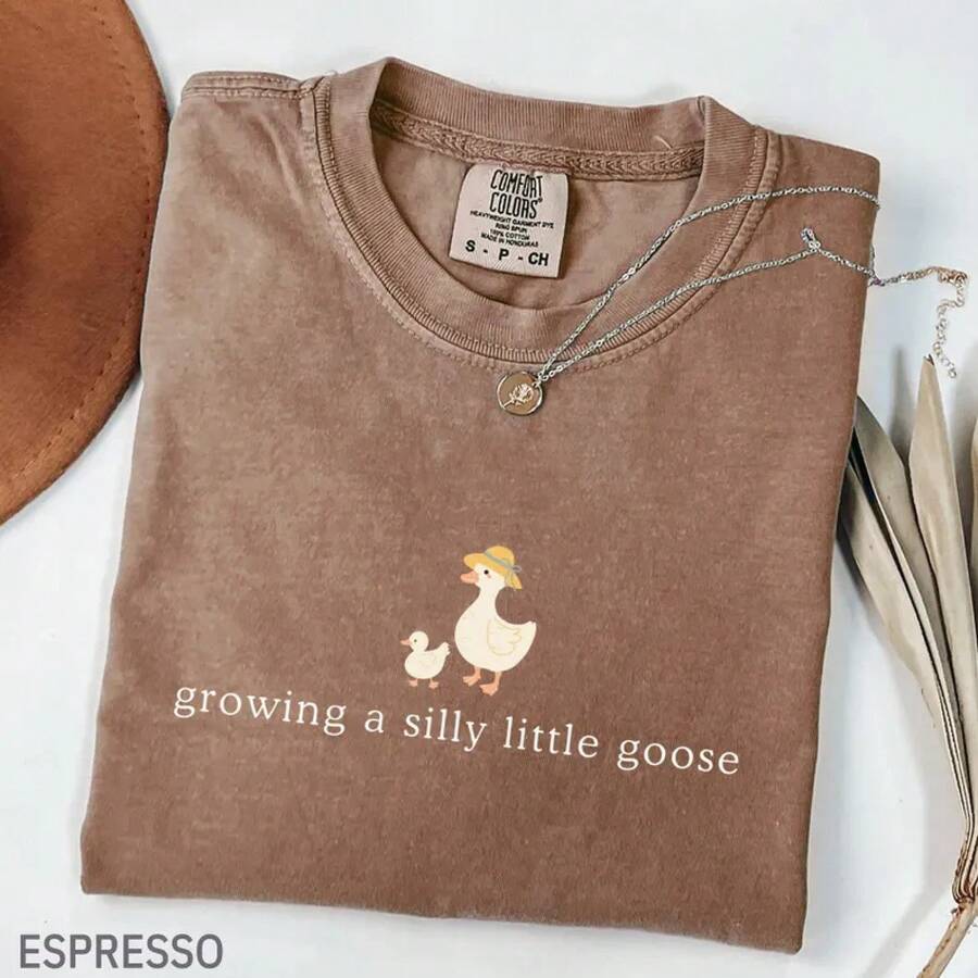 Cute Espresso Cotton Round Neck Fall Clothes T-Shirt With 'Growing A Silly Little Goose' Print For Casual Style Womens Funny Graphic Tee Summer Casual - 咖啡棕 - 查看 1