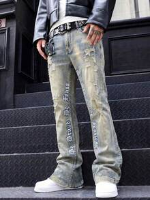 Jeans acampanados bordados, jeans slim fit para hombres con letras bordadas, jeans acampanados desgastados, jeans apilados Y2K, jeans bordados con lavado en contraste, aptos para todas las estaciones - Amarillo - Ver 4