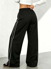 Pantalones casuales de pierna ancha con cordón en contraste y ribeteamionto - Negro - Ver 3