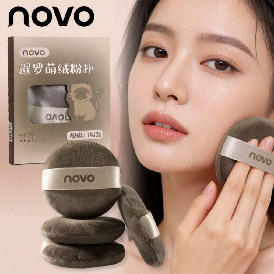 NOVO 1pc Ultra Soft Velvet Makeup Sponge, Washable Round Fingertip Powder Puff Suitable For Facial Cleansing, Powder Application, Bath Powder, Body Powder - Multicolor - View 1