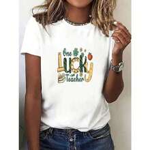 Camiseta de Mujer con Diseño Gráfico 'One Lucky Teacher' de SimpieAndVersatileDesign - Diseño de Animales y Letras Adorables, Camiseta Casual Negra para Primavera/Verano, Perfecta para el Día de San Patricio y Atuendos Casuales, Camisetas para Maestros, Camiseta de Algodón - Blanco - Ver 7