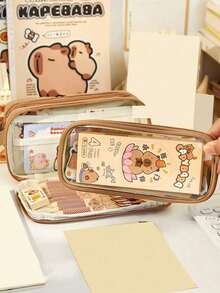 1pc Upgraded Large Capacity Portable Flip-Top Detachable Transparent Hamster Stationery Pen Bag, Suitable For Storing A Series Of Desktop Student Stationery Such As Rulers, Pens, Erasers, Multi-Functional Dormitory Cosmetic Storage Bag, Campus Series Classroom Student Office Supplies Pencil Case (Includes 1 Notebook, 15 Stickers, 1 Pendant And 2 Double-Sided Clips) - Sets - View 3