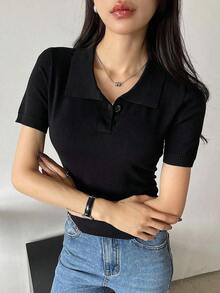 Blusa de punto de manga corta con contraste de rayas, casual de negocios - Negro - Ver 2
