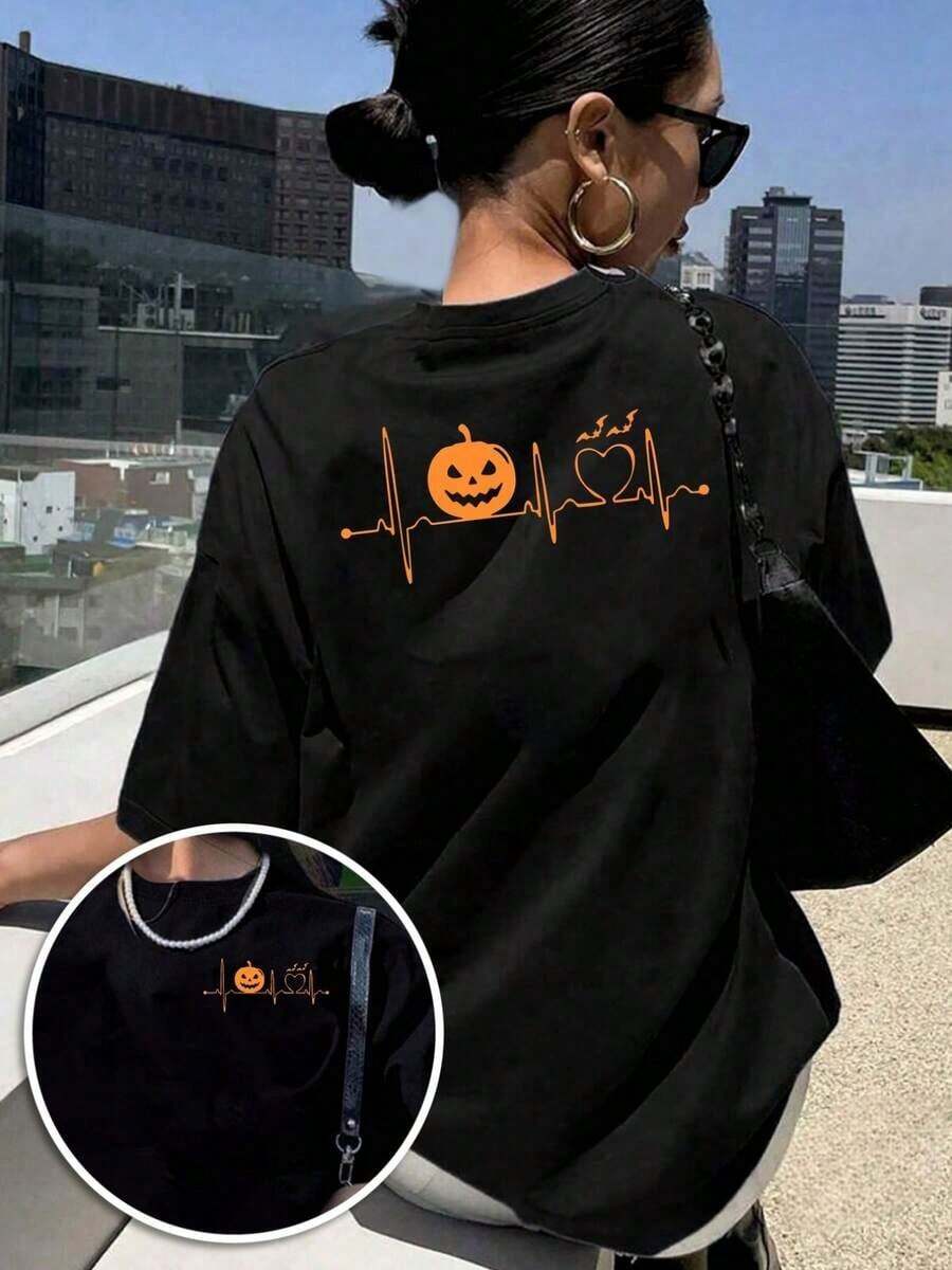 GiftCamiseta de manga corta con estampado a doble cara, estampado frontal y trasero, camiseta casual de moda para mujer con diseño de latidos del corazón de Halloween, top casual de manga corta con cuello redondo, adecuada para verano y primavera, ropa de mujer - Camiseta de algodón holgada unisex de estilo vintage urbano con cuello redondo y manga corta. Suave - Negro - Ver 1