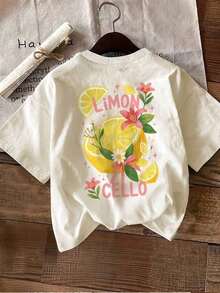 Fashionable Women's Casual T-Shirt With A Double-Sided Print, Suitable For Both Spring And Summer, Featuring A Fresh Lemon Floral Design, Round Neck, And Short Sleeves - Unisex Loose-Fitting Cotton T-Shirt In An Urban Vintage Style With A Round Neck And Short Sleeves. Soft - 杏 - 查看 3