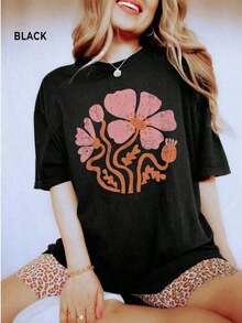 Retro Floral Print Shirt, Boho Wildflower Shirt,  Poppy T-Shirt, Vintage Poppy Shirt, Plus Size Boho Botanical T-Shirt, Women's White Blouse, Y2K Grunge Graphic Print Short Sleeve T-Shirt - 黑色 - 查看 6