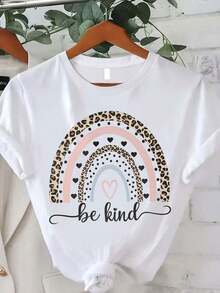 Camiseta de Mujer con Estampado de Arcoíris, Moda de Verano para Mujer, Casual, Cómoda, Suave, Deportiva, para Fitness, Uso Diario al Aire Libre, Transpirable, de Manga Corta y Cuello Redondo - Blanco - Ver 1