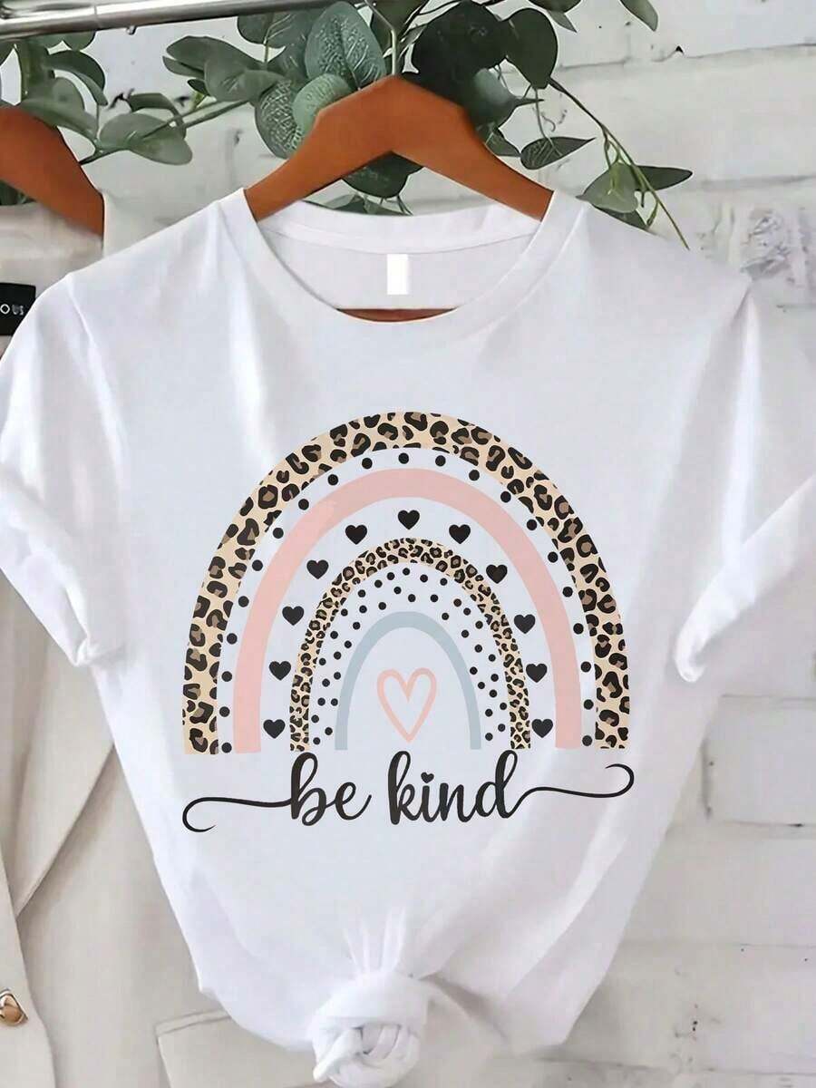 Camiseta de Mujer con Estampado de Arcoíris, Moda de Verano para Mujer, Casual, Cómoda, Suave, Deportiva, para Fitness, Uso Diario al Aire Libre, Transpirable, de Manga Corta y Cuello Redondo - Blanco - Ver 1