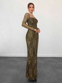 Vestido negro ajustado hasta el suelo con cuello corsé ahuecado y mangas largas con encaje en forma de S sexy para mujer para fiestas, citas y banquetes de otoño/invierno nuevo - Verde militar - Ver 5