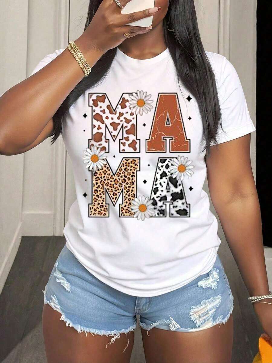 Camiseta de Cuello Redondo para Mujer con Estampado de Leopardo y Margaritas, Manga Corta para Salidas Casuales de Verano - Blanco - Ver 1
