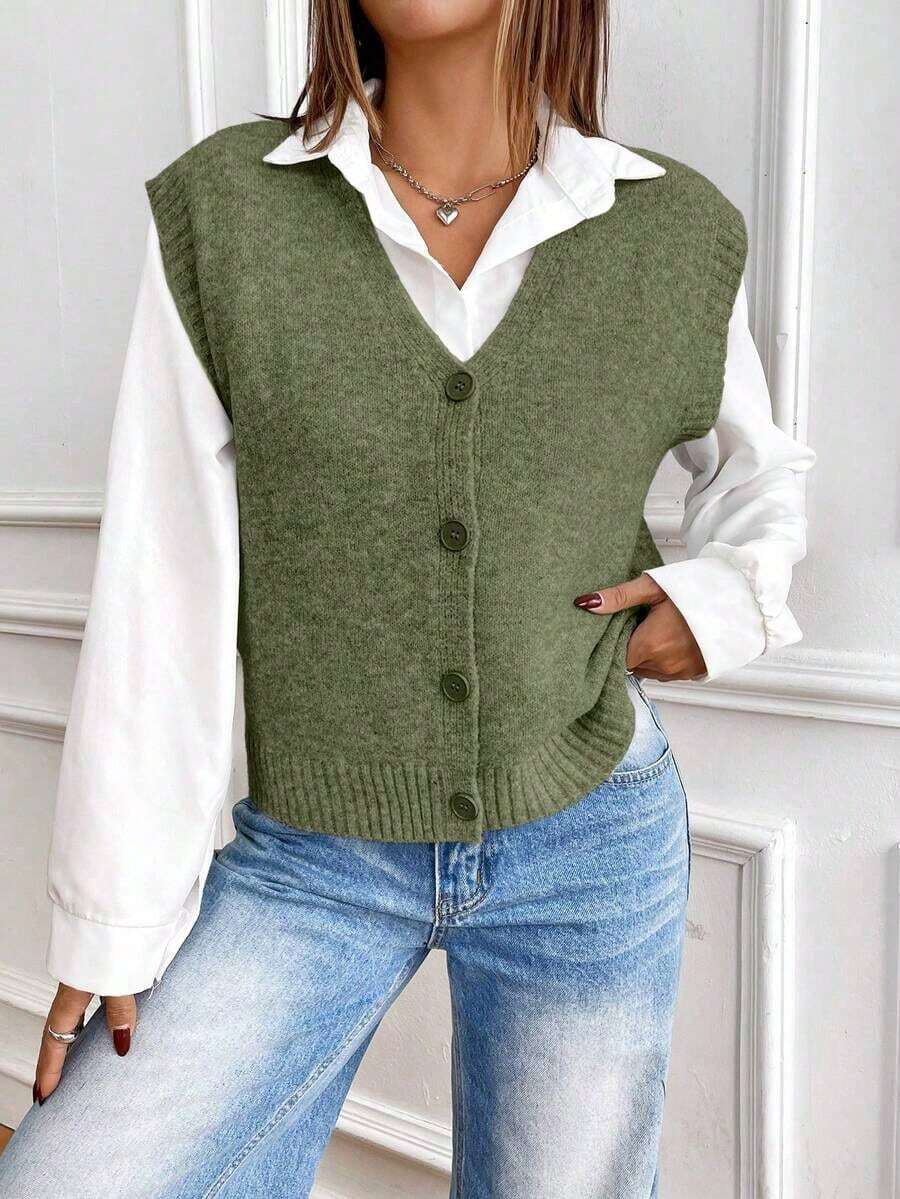 Chaleco de punto de color sólido, informal, de botonadura sencilla para mujer, otoño - Verde militar 2 - Ver 1