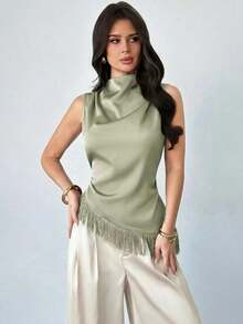 Blusa sin mangas elegante y casual para ir al trabajo, de vacaciones o a la playa, con estilo bohemio.Chaleco de mujer con cuello de satén marrón plisado, bajo asimétrico con flecos, elegante, versátil y apropiado para maestras - Verde - Ver 1
