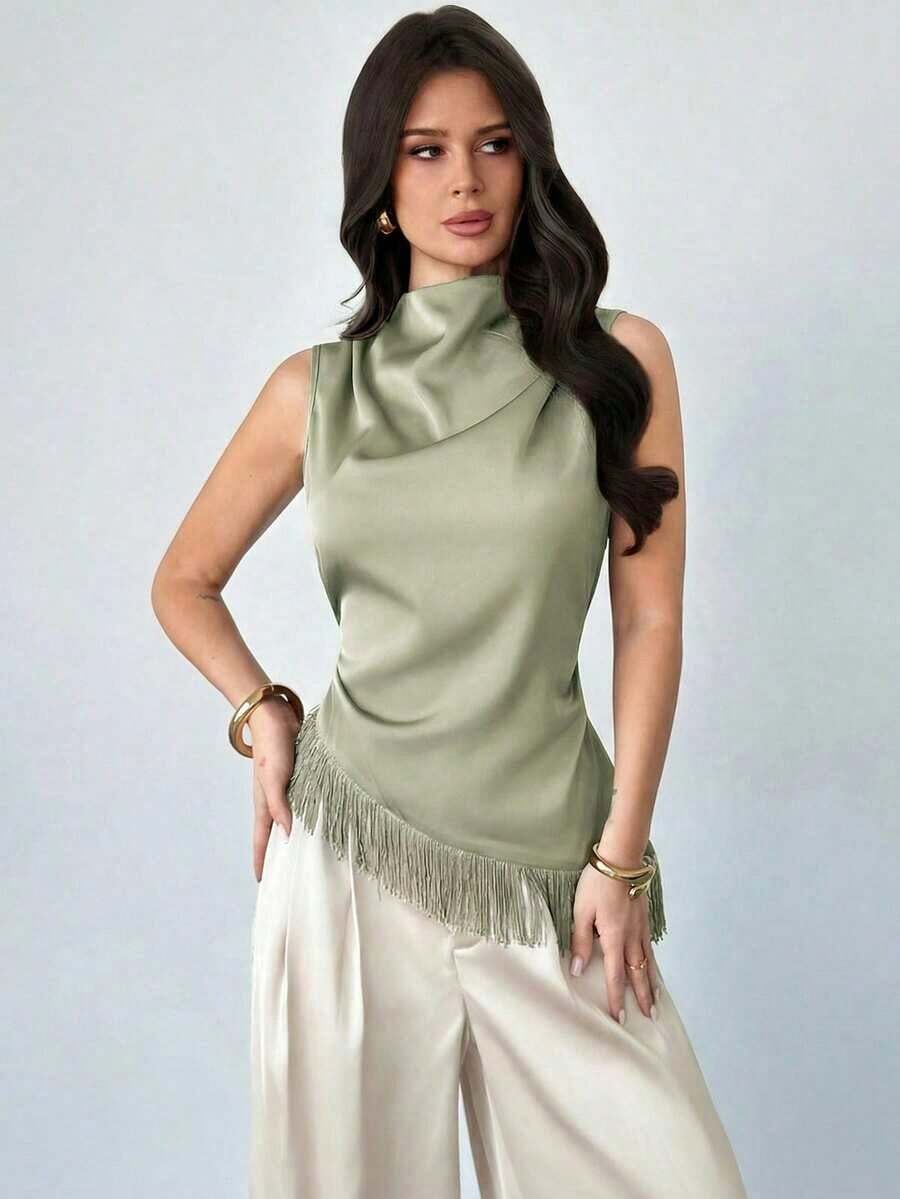 Blusa sin mangas elegante y casual para ir al trabajo, de vacaciones o a la playa, con estilo bohemio.Chaleco de mujer con cuello de satén marrón plisado, bajo asimétrico con flecos, elegante, versátil y apropiado para maestras - Verde - Ver 1