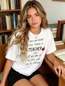 Funny T-Shirt For Teachers - With The Inscription "If You Can Read This, Thank A Teacher" And "Yoo Kan Rid Ths Yoo Prbli Ar A Teecha", Casual Short Sleeve Crew Neck T-Shirt For Educators, Spring Summer - 白色 - 查看 4
