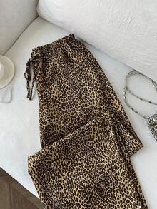 Pantalones anchos de pierna negros con diseño de estampado de leopardo retro elegante, pantalones rectos con cintura elástica con cordón, uso casual, vuelta al colegio - Marrón - Ver 6