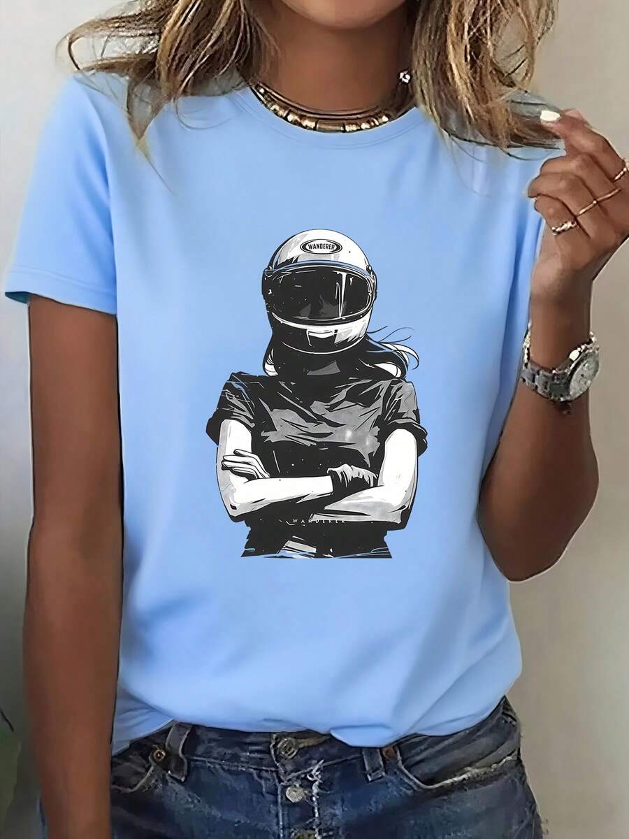 Top femenino manga corta cuello redondo en algodón puro, diseño estampado moderno, tela fresca y aireable, prenda versátil para look casual, ocasiones diarias y encuentros sociales todo el año - azul cielo - Ver 1