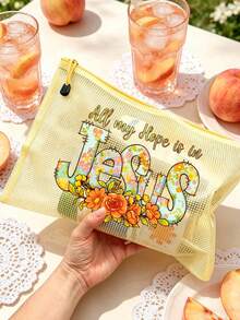 Bolsa de playa de malla de colores a prueba de agua, bolsa de maquillaje con estampado de letras florales "Jesús", bolsa de maquillaje transparente de gran capacidad - Multicolor - Ver 1