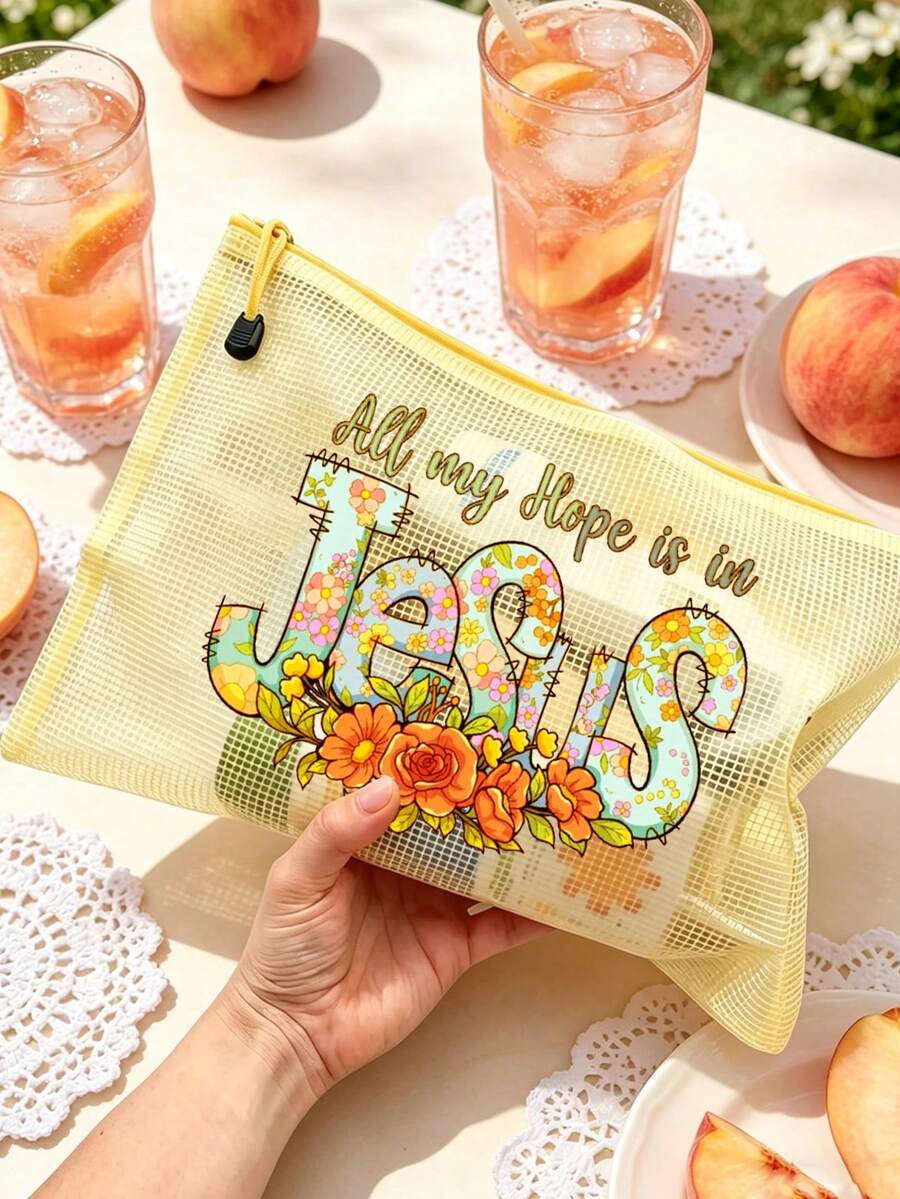 Bolsa de playa de malla de colores a prueba de agua, bolsa de maquillaje con estampado de letras florales "Jesús", bolsa de maquillaje transparente de gran capacidad - Multicolor - Ver 1
