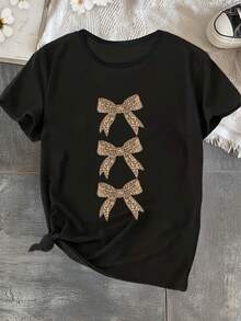 Women's 100% Cotton T-Shirts 2026, Plus Size Women's Leopard Print Bow Tie T-Shirt, Casual Round Neck, Knitted Fabric, Medium Stretch, Geometric Pattern, 95% Polyester 5% Elastane, 180Gsm, Korean Style Spring/Summer Fashion Top - Black - View 2