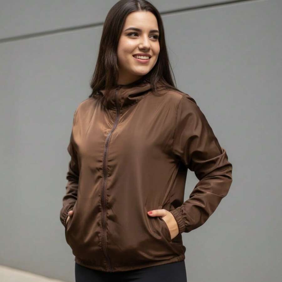 Women's Windbreaker Jacket Without Lining In Memory Fabric With Water-Repellent Hood - 鏽棕色 - 查看 1