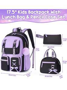 Backpack For Girls, 3 PCS Waterproof Girls Backpack With Lunch Box & Pencil Case, Kid Backpacks For Teen Girl Kindergarten Elementary Middle High School Student Back To School Kid Bookbag Set - Purple & Black - View 3