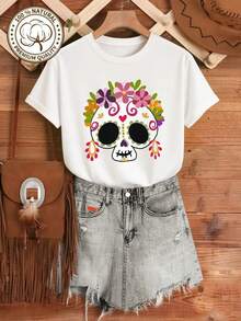 Camiseta con Diseño Floral de Calavera de Azúcar para Mujer, Regalo del Día de Muertos, Chaleco Moderno para Halloween, Vestidos de Verano para Mujer, Casual, Perfecto para Todas las Temporadas, Tallas S M L XL - Blanco - Ver 1