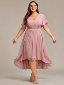 EVERPRETTY Plus Size Elegant Bridesmaid Dress, Deep V-Neck, Ruched Fitted Design, Ruffle Short Sleeves, Asymmetric Knee-Length Hem, Chiffon Fabric, Suitable For Formal Occasions - Rusty Rose - View 4
