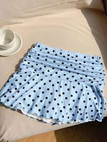 Minifalda acampanada fruncida con estampado de lunares para el verano - Celeste - Ver 2