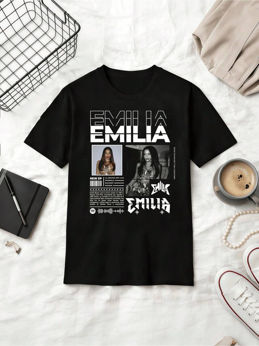 Argentine Singer Emilia Mernes Retro Y2K Poster Style Cotton T-Shirt - Black - View 1