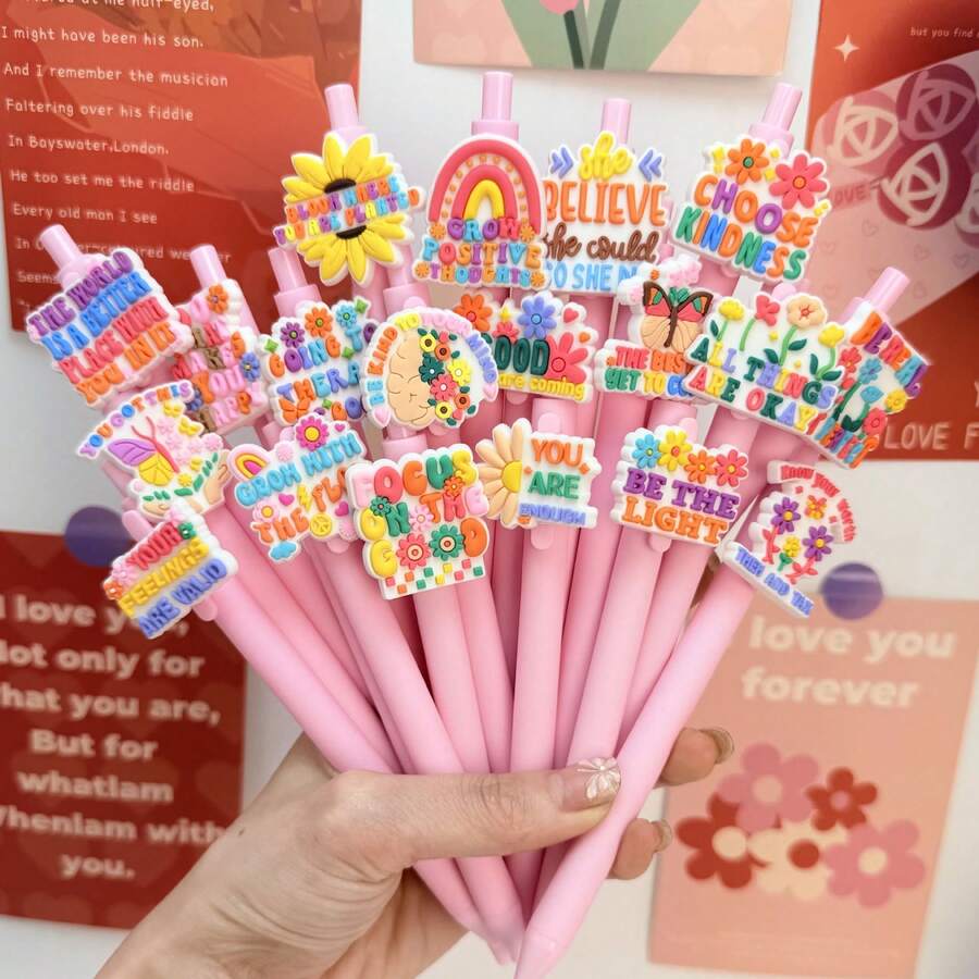 1/3/5 chiếc Bút bi rút màu hồng, có móc treo, in câu nói truyền cảm hứng tích cực, thích hợp cho trường học, văn phòng và nhật ký.
