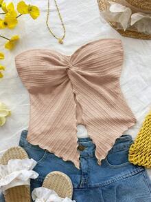 Nuevo estilo de top tubo de punto estampado rosa con dobladillo retorcido asimétrico y espalda descubierta para playa, resort, festival de música y verano bohemio para mujeres - Rosa Pálido 2 - Ver 1
