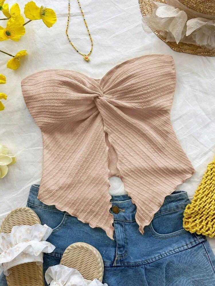 Nuevo estilo de top tubo de punto estampado rosa con dobladillo retorcido asimétrico y espalda descubierta para playa, resort, festival de música y verano bohemio para mujeres - Rosa Pálido 2 - Añade 1