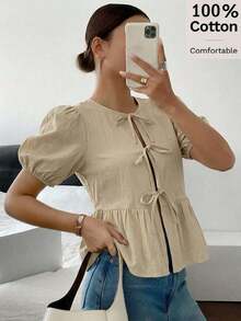Camisa de mujer de cuello redondo y manga corta, camisa con estampado de cebra con lazo y manga abullonada, blusa de mujer de verano con volantes en el bajo y cuello en V, ajuste regular, manga abullonada, uso casual diario, blusa casual con estampado animal de primavera/verano, manga corta - Multicolor 2 - Ver 7