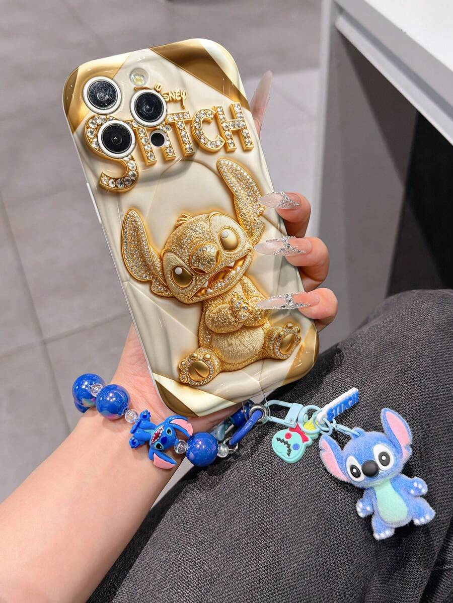 Disney Has Authorized, Phone Case - Chain Set, The Stitch Lilo & Stitch 3D Phone Case Plus A Silicone 3D Stitch Bracelet With Metallic Ring Removable Bracelet, Stitch And Angel Pattern, Compatible With Iphone17/16/15/14/13/12/11/XS/XR/X Plus Pro Max, A Stylish Cartoon Phone Case, The Perfect Gift Choice, Phone Protection, Durable Phone Cover, Great Gift For Friends And Family. - 白色 - 查看 1