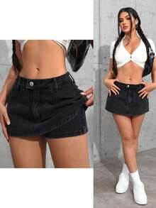Minifalda de jean de moda con decoración de botón en la cintura para mujer - Negro 3 - Ver 2