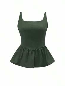 Camiseta de tirantes plisada marrón para mujer (elástico de 4 vías) - Verde - Ver 3