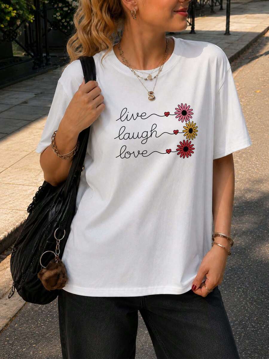 Women's White T-Shirt With Floral Print And "Live Laugh Love" Slogan, Short Sleeve Round Neck, Loose Fit Casual Top, Comfortable Basic Summer Clothing, Relaxed Style For Daily Wear, Outings And Casual Occasions - 白色 - 查看 1