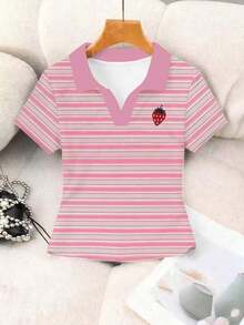 Camisa polo casual de manga corta con rayas y estampado de cerezas - Multicolor 3 - Ver 3