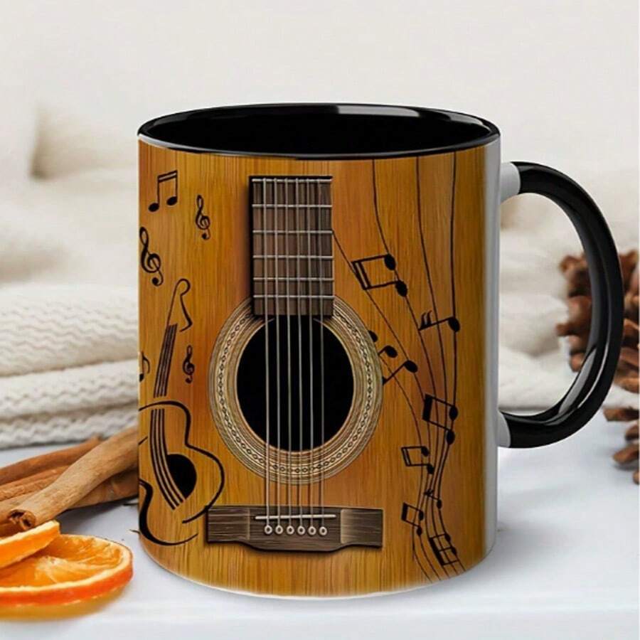 1pc Guitar Themed Ceramic Mug, With Musical Notes And Vibrant Orange Guitar Design - Durable Handwash Drinkware, Suitable For Hot And Cold Beverages - Perfect Gift For Music Lovers, Christmas, Thanksgiving, Halloween, Easter, Guitar Accessories - Multicolor - View 1