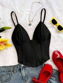 Camiseta sin mangas de punto rojo con escote en V y espalda cruzada, adecuada para citas, estilo bohemio, vacaciones, otoño, ropa de mujer, vintage, días festivos - Negro - Ver 6